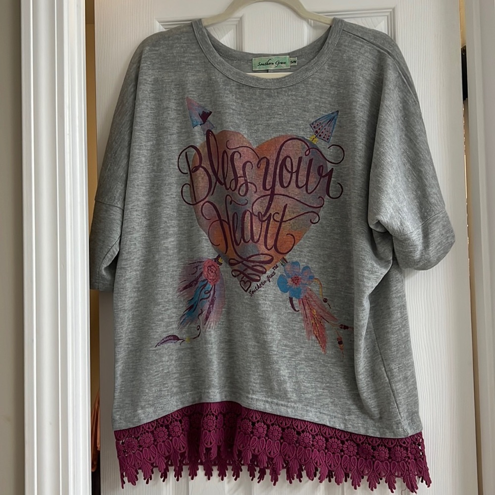 Bless Your Heart Graphic Tee with Purple lace detail!